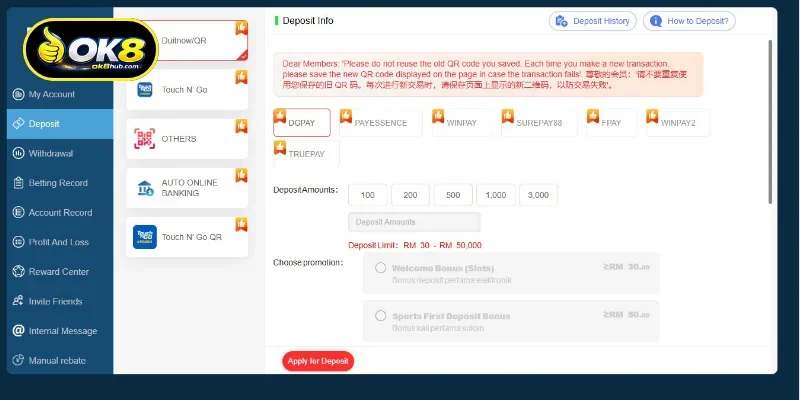 Conditions to be met when deposit OK8 money into