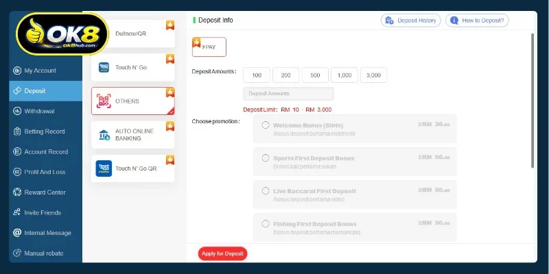 Guide to depositing money into OK8 effectively