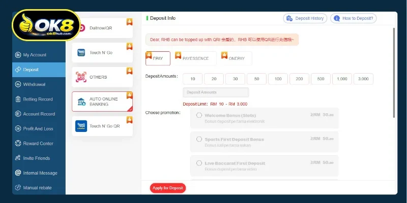 Important notes when deposit OK8 money into